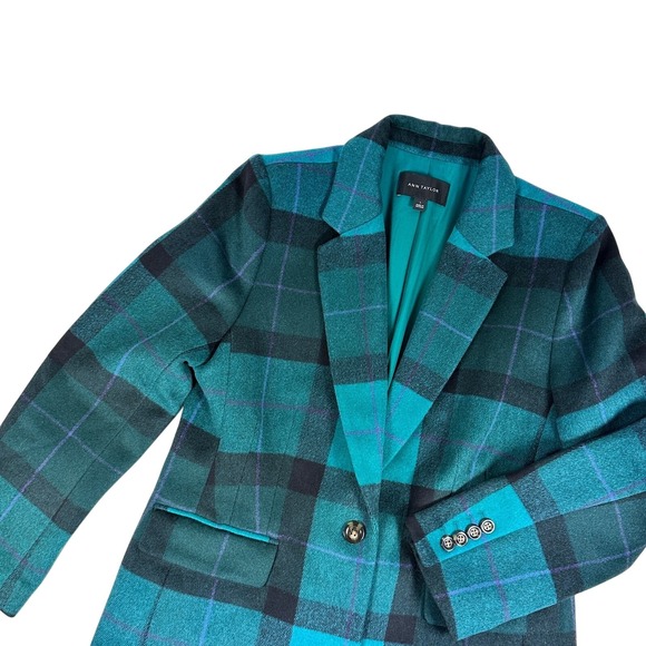 NWOT Ann Taylor Green Tartan Plaid Wool Blend Chesterfield Coat L NEW Long - Picture 5 of 12